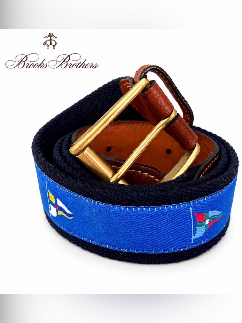 Brooks Brothers Cotton Nautical Flag Belt 36 Made USA Brass Buckle Blue Preppy